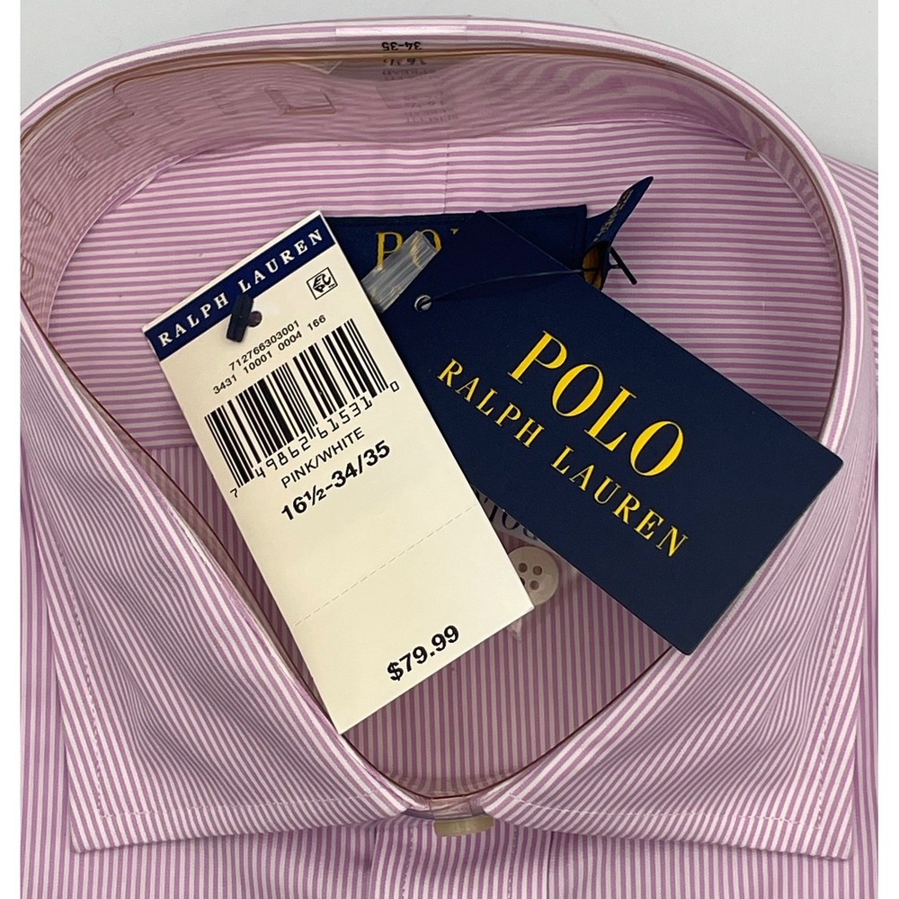 Polo Ralph Lauren Mens Slim Fit Spread Dress Shirt Pink Striped 16.5 34/35 NEW